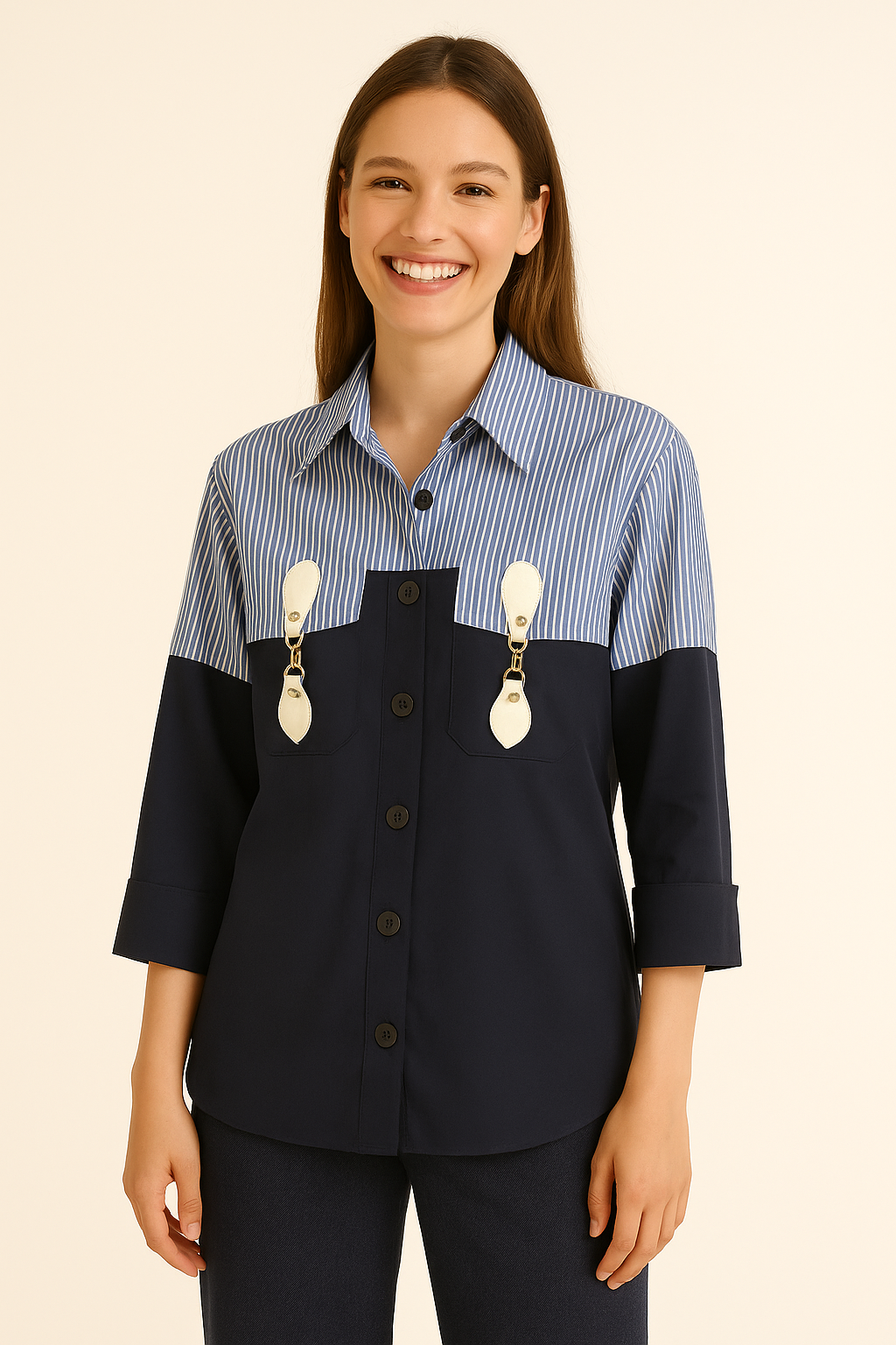 Stripe And Navy Blue Popplin Shirt