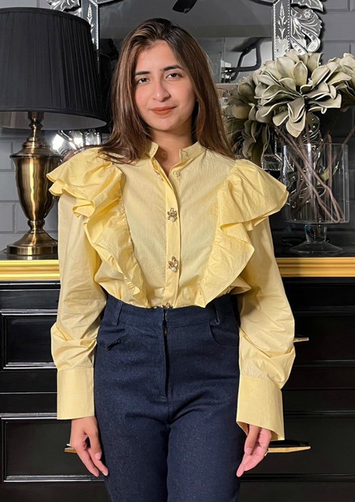 Yellow Poplin Oversized Shirt with Ruffle Detailing & Embellishments IKI CHIC Private Ltd.