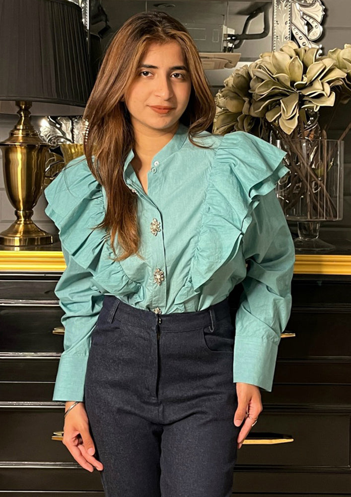 Teal Poplin Oversized Shirt with Ruffle Detailing & Embellishments IKI CHIC Private Ltd.