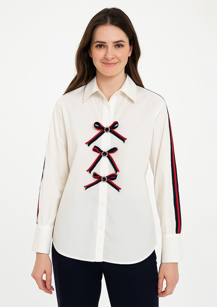 White Poplin Shirt with Lace Detailing & Front Bow Design