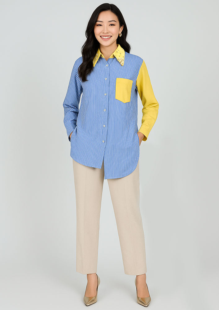 Blue Stripe & Yellow Poplin Shirt with Swarovski Collar