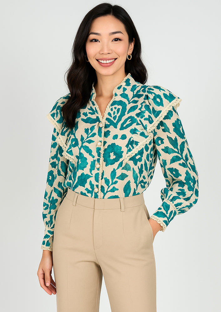 Turquoise and white printed chiffon ruffle shirt with lace and pearl buttons