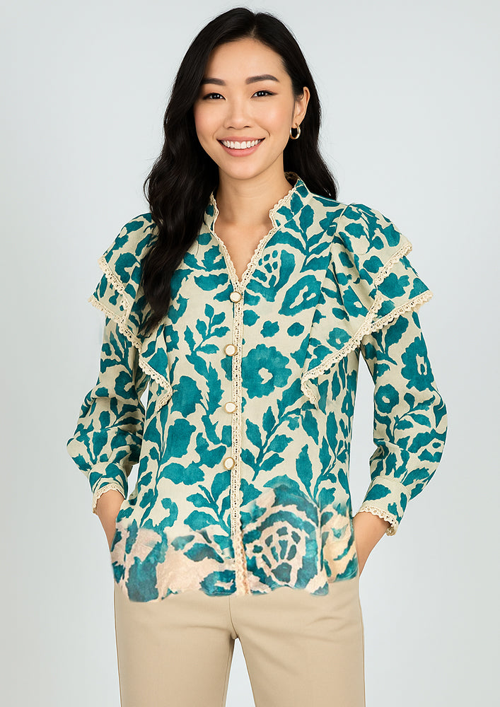 Turquoise and white printed chiffon ruffle shirt with lace and pearl buttons