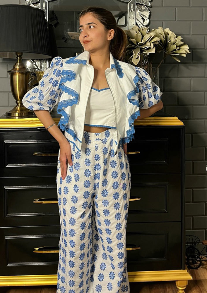 White Poplin Jacket with Blue Embroider Schiffli Pant Set IKI CHIC Private Ltd.