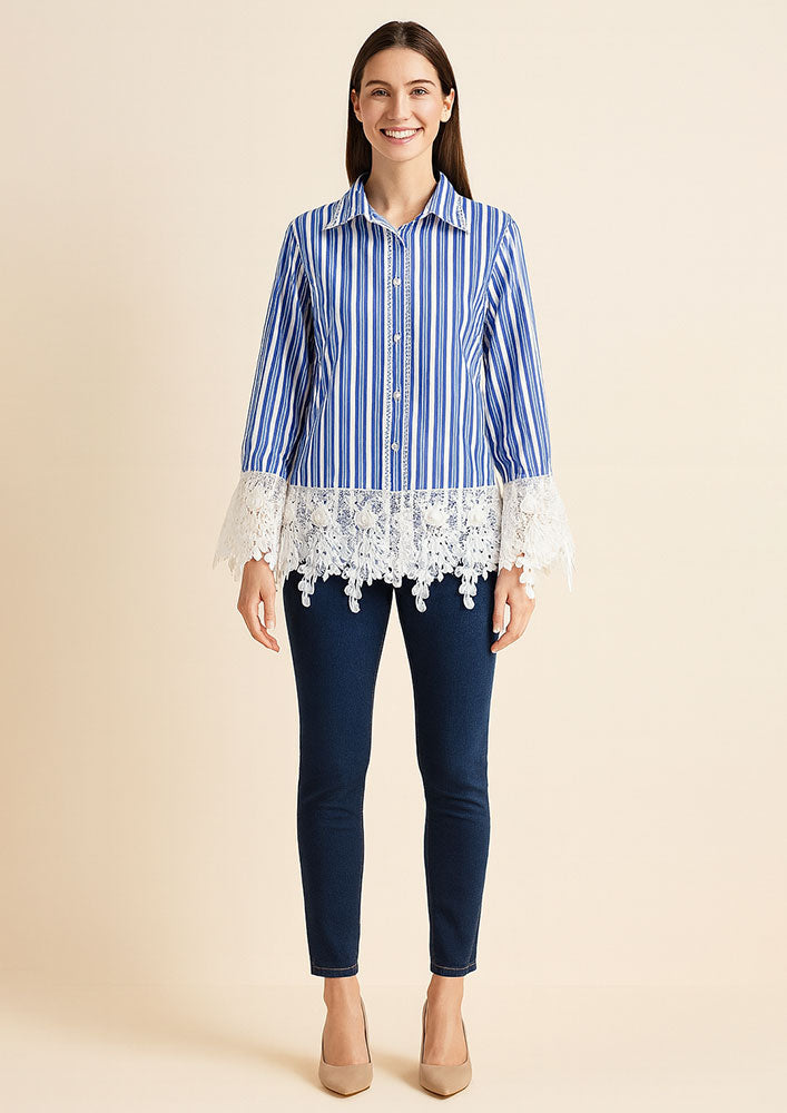 White and blue striped cotton shirt with a white lace patch at the hem