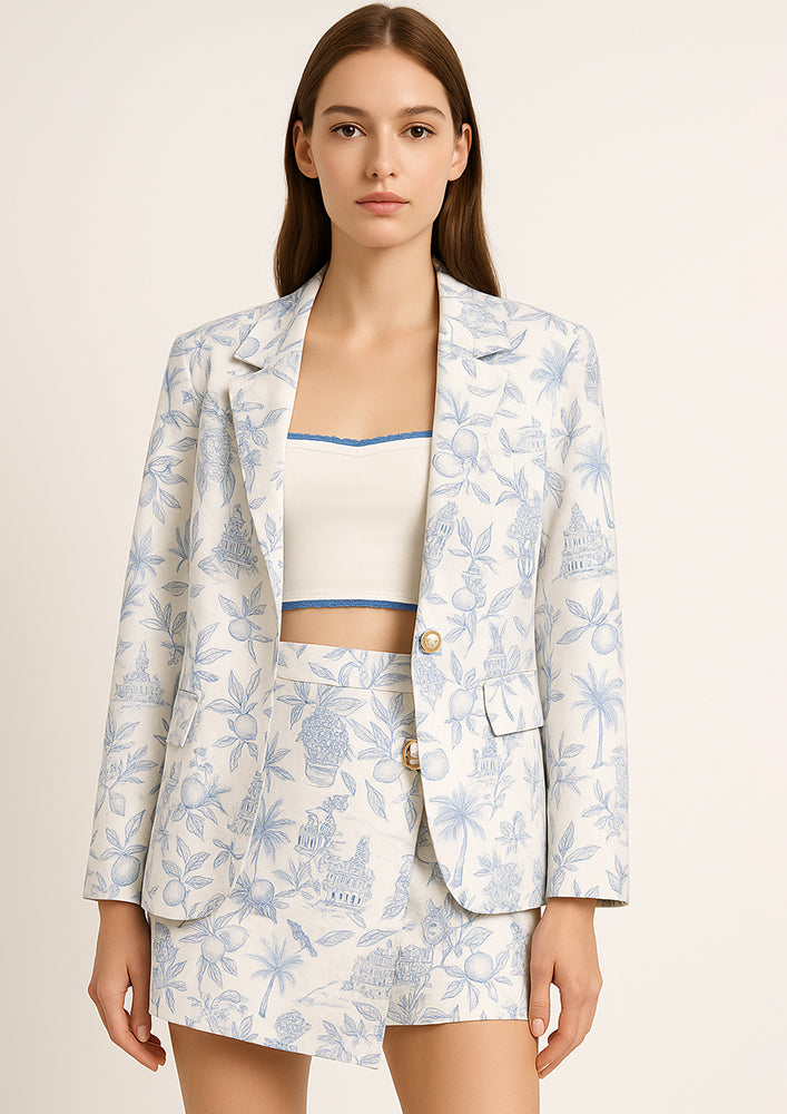 Blue Printed Blazer & Asymmetric Buckle Skorts Set