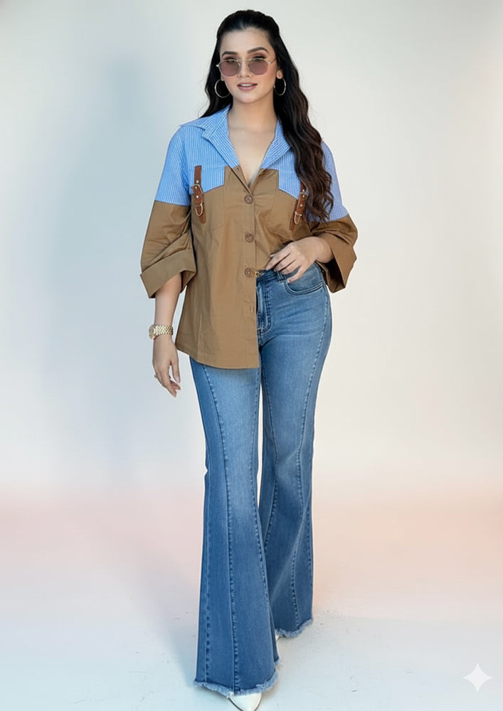 Blue Stripe & Brown Dual-Tone Shirt with Straps