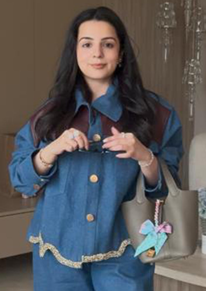 Denim & Leather Fusion with Gold Stone (Only Jacket)