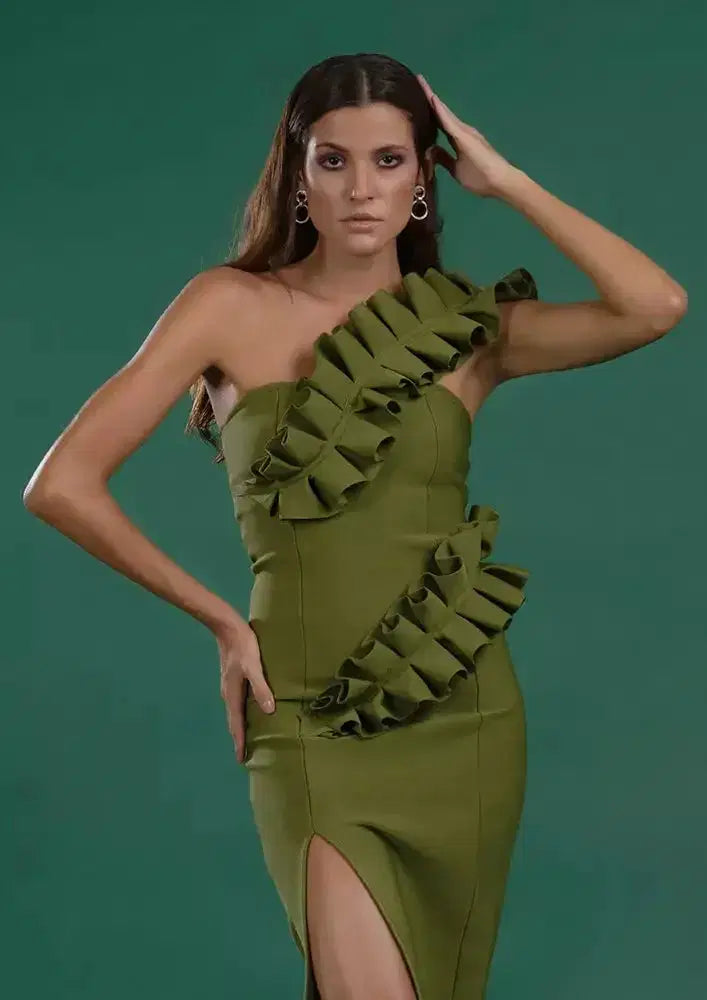 Green One-Shoulder With Crimped Leaves Detail Bandage Dress