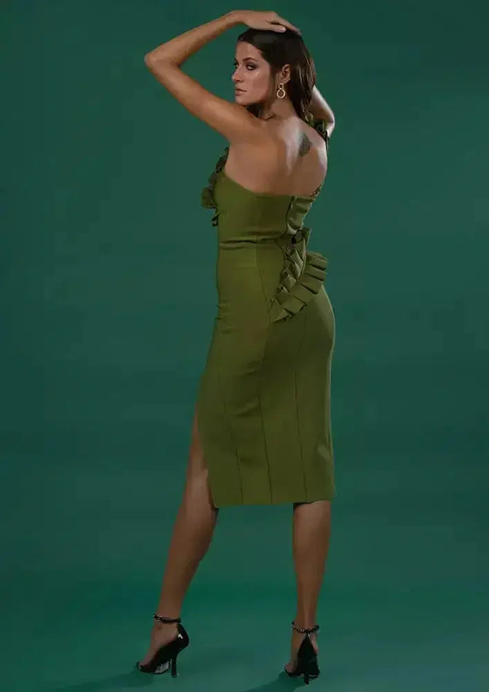 Green One-Shoulder With Crimped Leaves Detail Bandage Dress