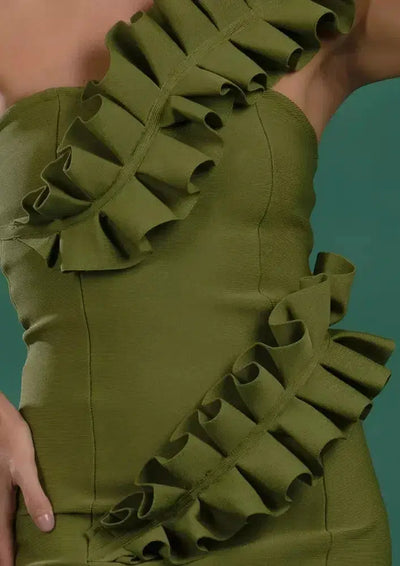 Green One-Shoulder With Crimped Leaves Detail Bandage Dress