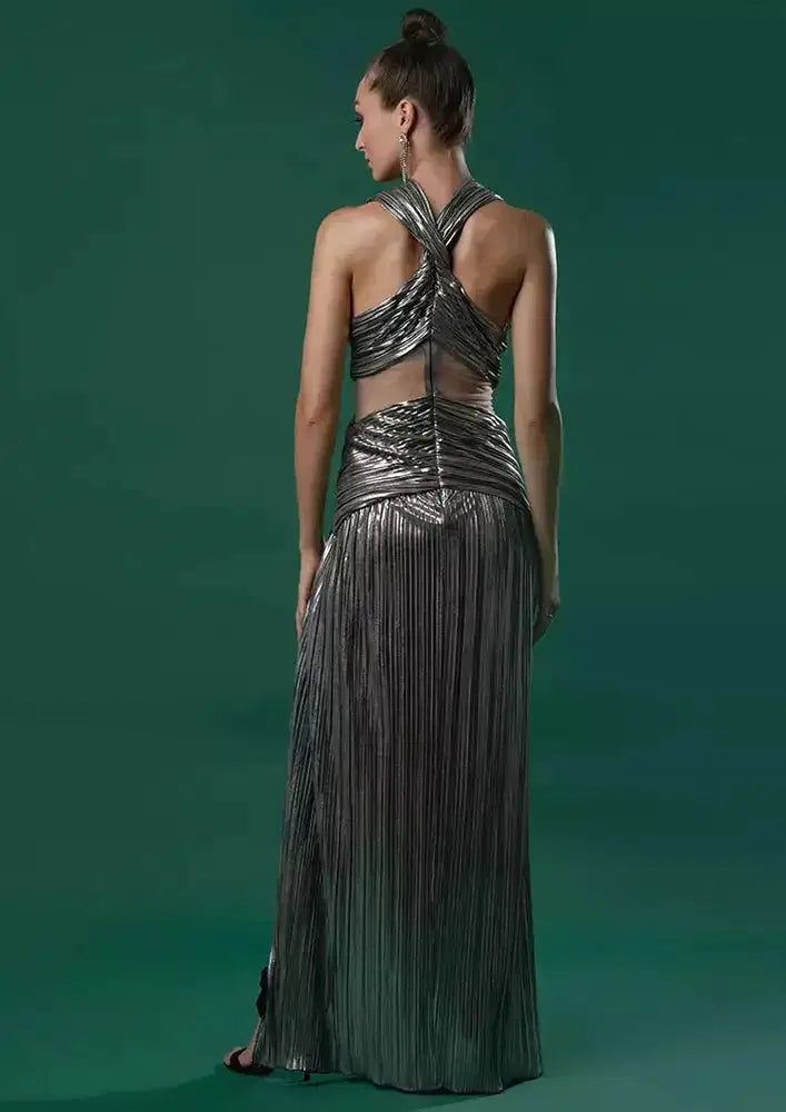 Silver Metallic Criss-Cross Neck Split Maxi Dress