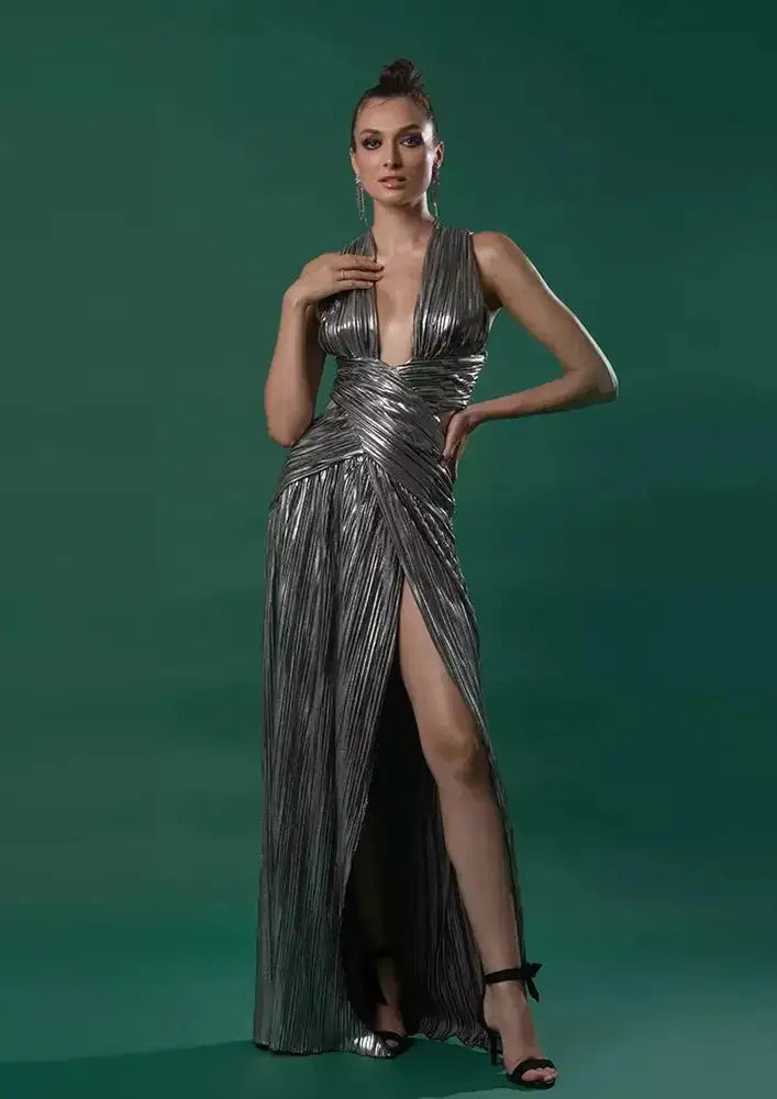 Silver Metallic Criss-Cross Neck Split Maxi Dress