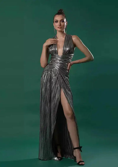 Silver Metallic Criss-Cross Neck Split Maxi Dress