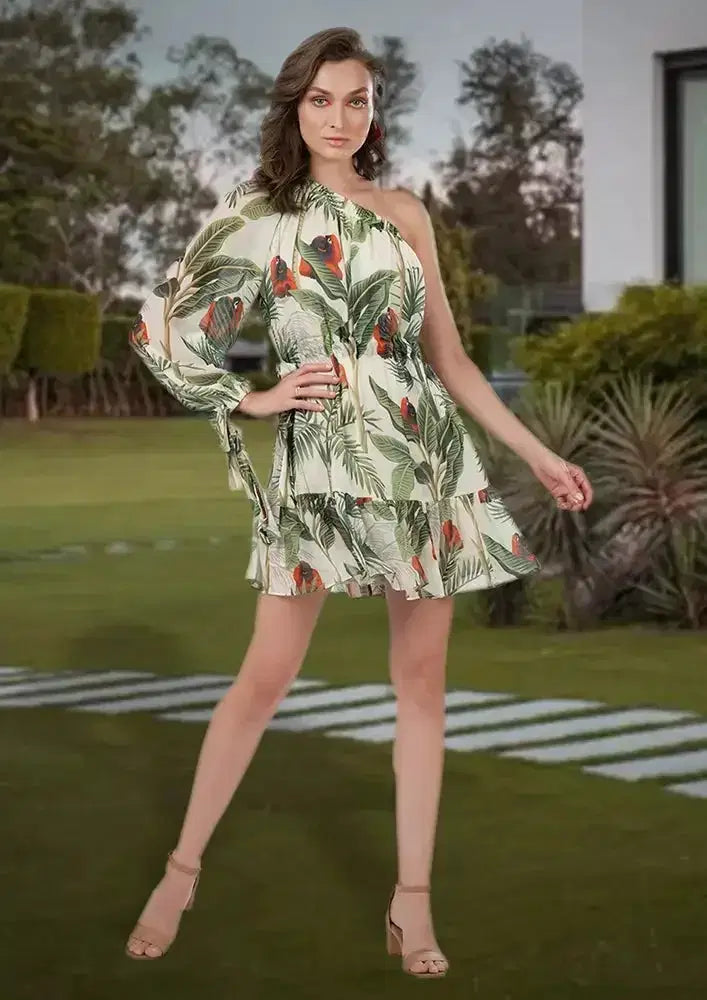 Langoor Safari Print One Shoulder Tie Waist Skater Dress