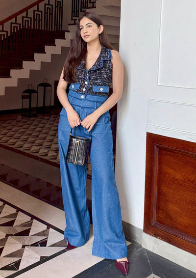 Black Tweed Top & Denim Pant Co-ord Set