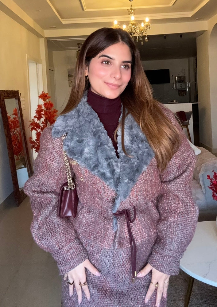 Grey Tweed Fur Collar Waist Tie-Up Jacket