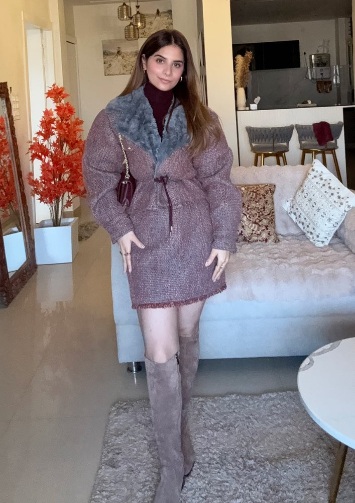 Grey Tweed Fur Collar Waist Tie-Up Jacket