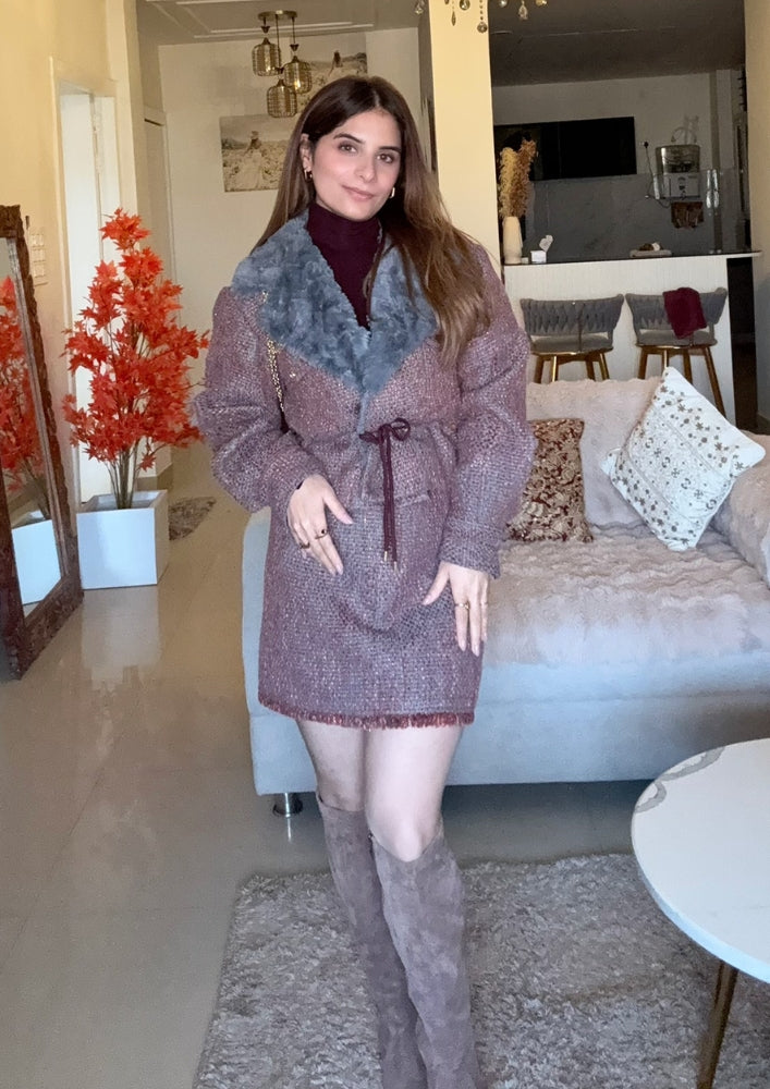 Grey Tweed Fur Collar Waist Tie-Up Jacket