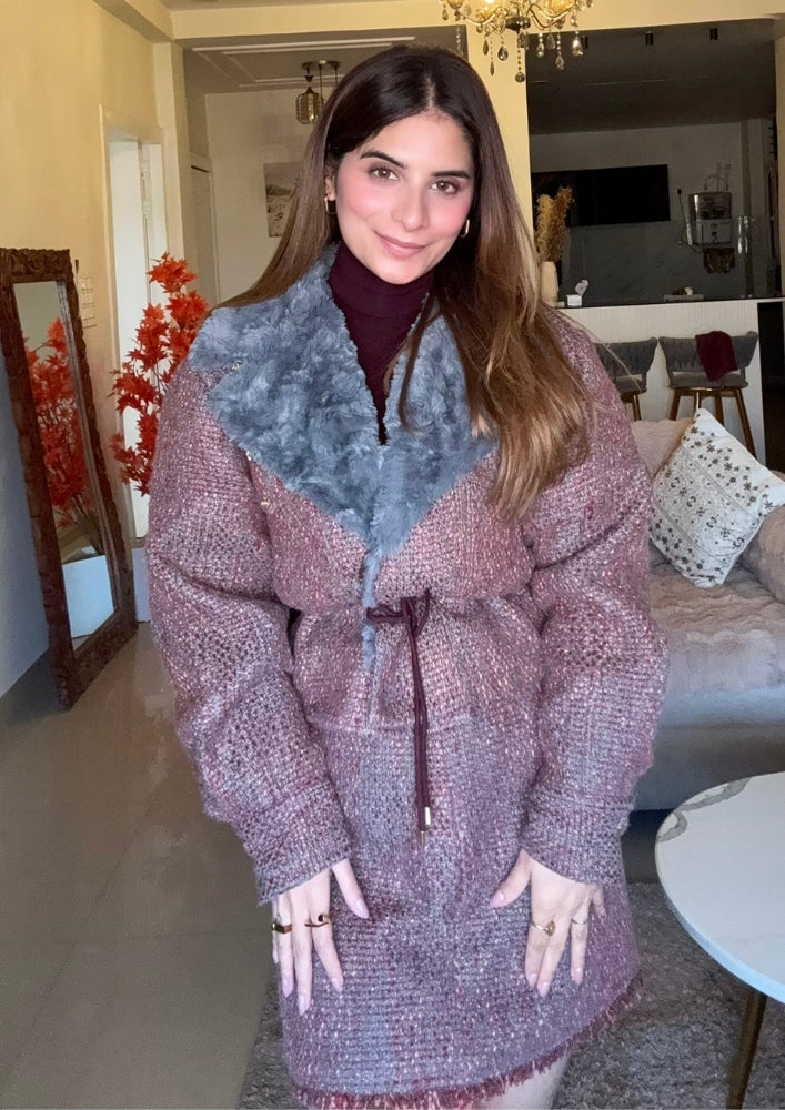 Grey Tweed Fur Collar Waist Tie-Up Jacket with Skirt
