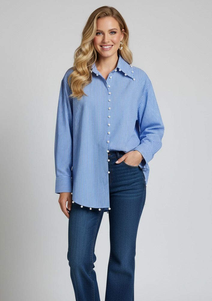 Blue & White Stripe pearl shirt