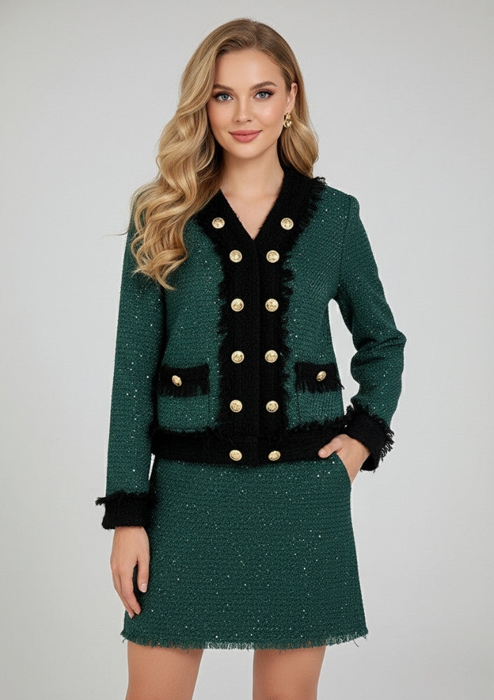 Green Tweed Jacket with A line skirt Set
