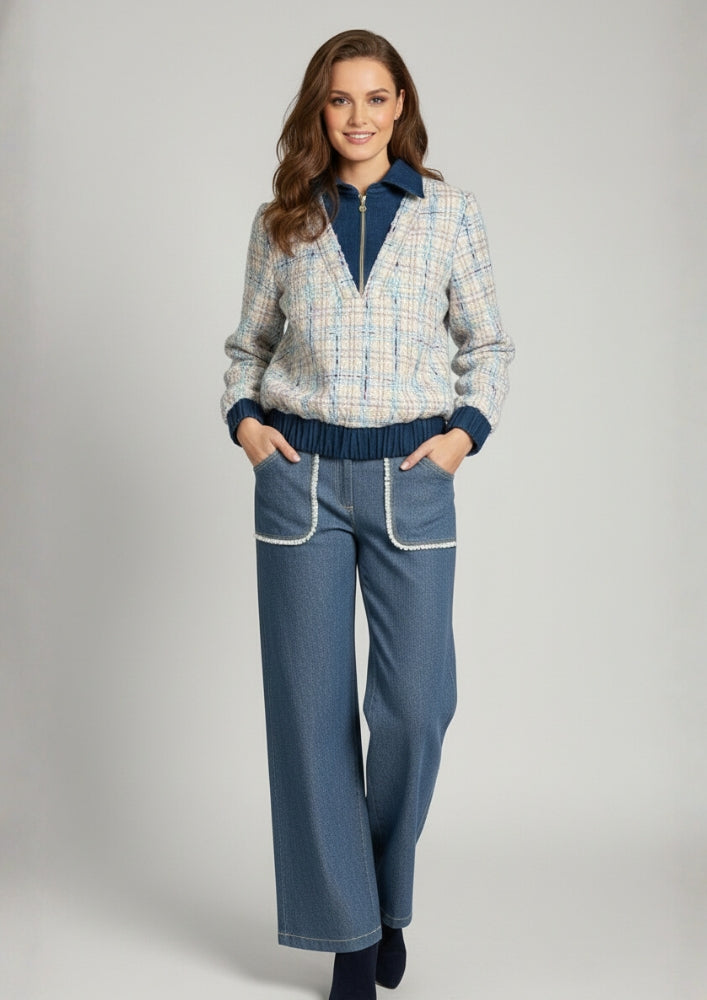 Candy Blue Tweed Denim Collar Sweater  Co-ord Set With Pant