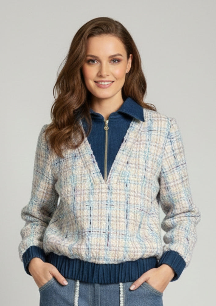 Candy Blue Tweed Denim Collar Sweater