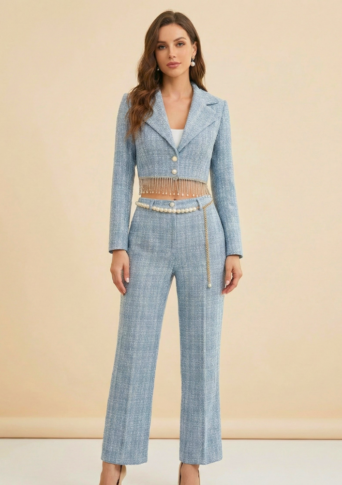 Light Blue Tweed Short Blazer Co-ord Set With Pant
