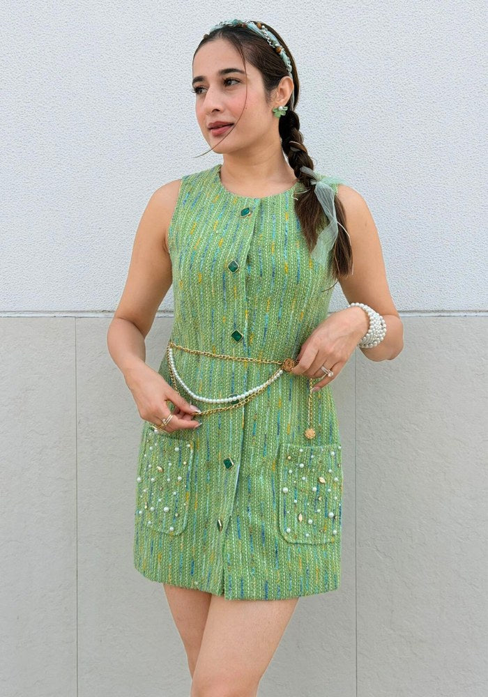 Green Tweed Sleeveless Mini Dress With Pearl Belt
