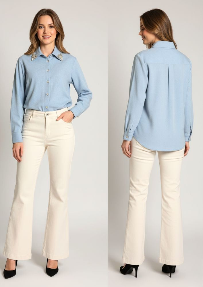 Light Blue Denim Shirt With Work On Collar