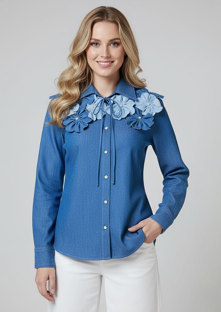 Dark Blue Denim Shirt With 3D Flower Collar