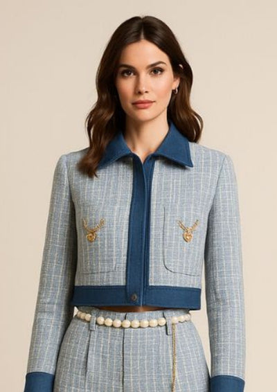 Light Blue Tweed Denim Jacket With Statement Buttons