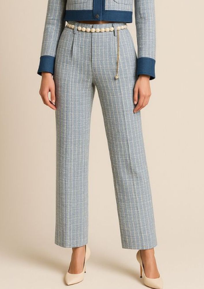Light Blue Tweed Straight Trouser With Belt