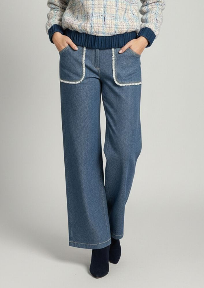 Denim Straight Pants With Frindged Detailed Pockets