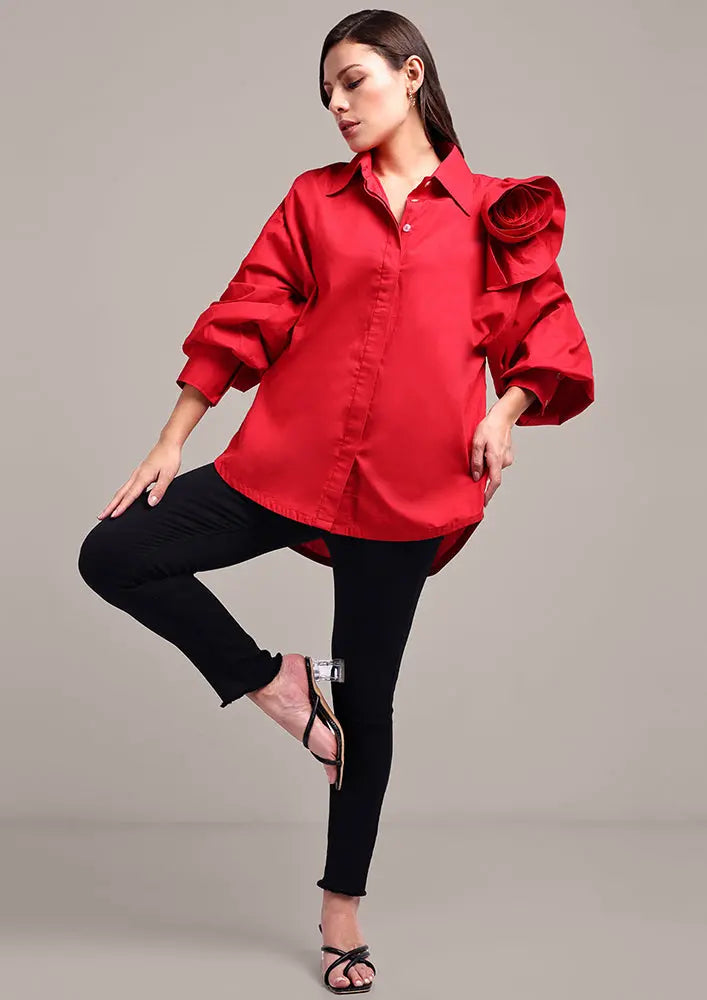 Red Drop Shoulder Shirt With 3D Flower Detail IKI CHIC Private Ltd