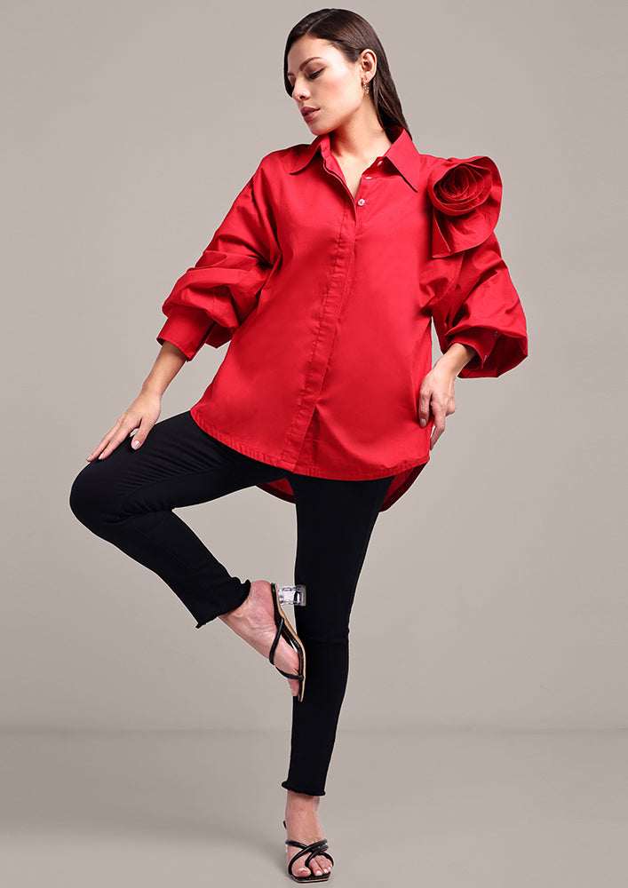 Red Drop Shoulder Shirt With 3D Flower Detail