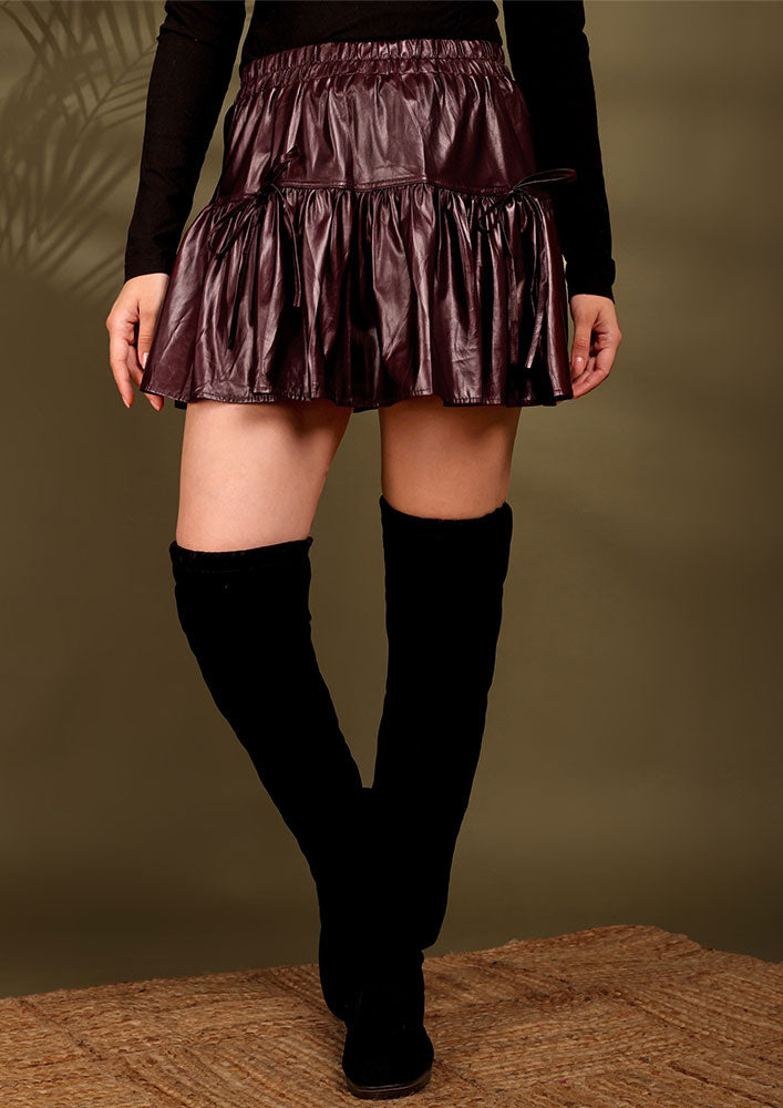 Wine Red Pleated Faux Leather Mini Skirt