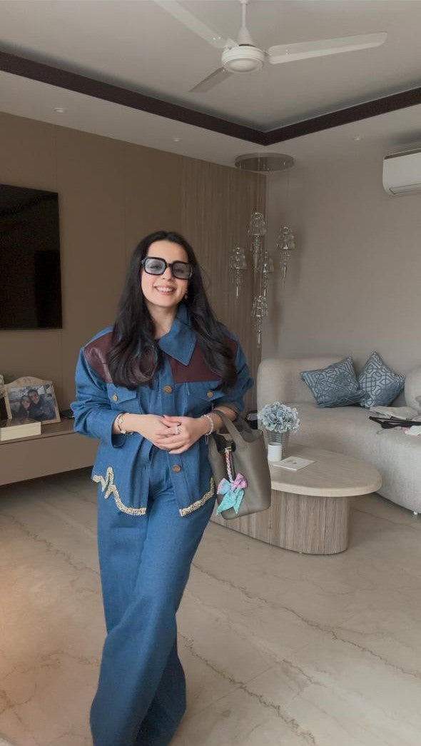 Denim & Leather Fusion with Gold Stone (Only Jacket)