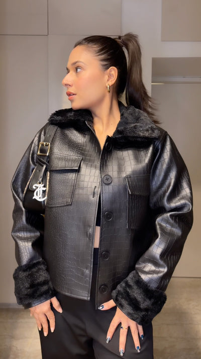 Black Crocodile Leather Jacket With Fur Collars And Detachable Cuffs
