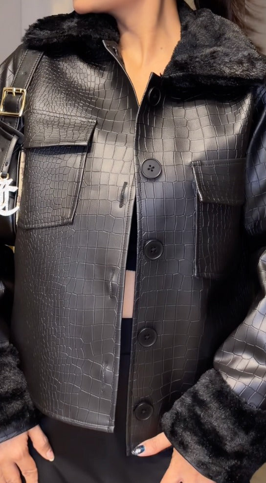 Black Crocodile Leather Jacket With Fur Collars And Detachable Cuffs