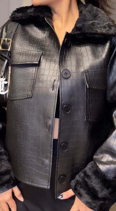 Black Crocodile Leather Jacket With Fur Collars And Detachable Cuffs