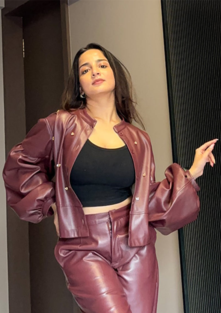 Burgundy Embellished Detailed Bubble Hem Leather Jacket