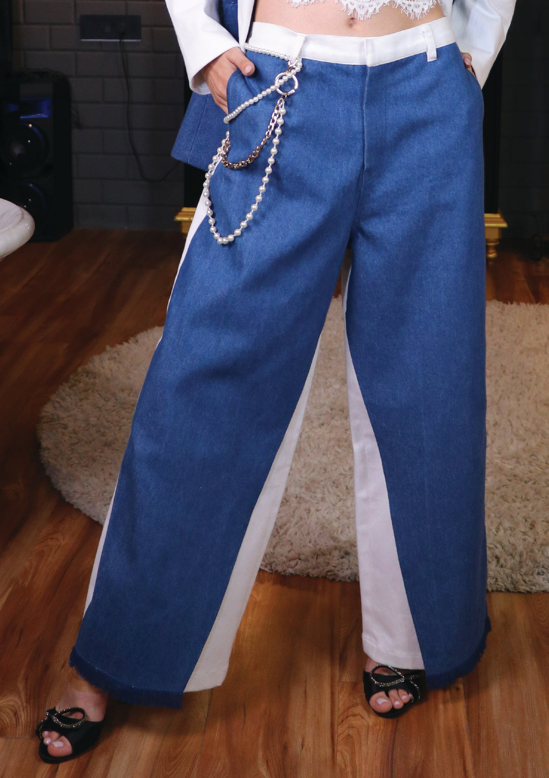 Blue & White Denim Jeans with Pearl And Gold Chain Detailing IKI CHIC Private Ltd.