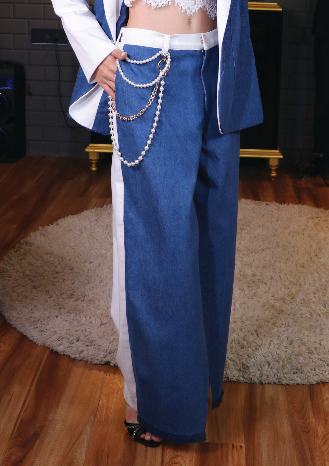 Blue & White Denim Jeans with Pearl And Gold Chain Detailing IKI CHIC Private Ltd.