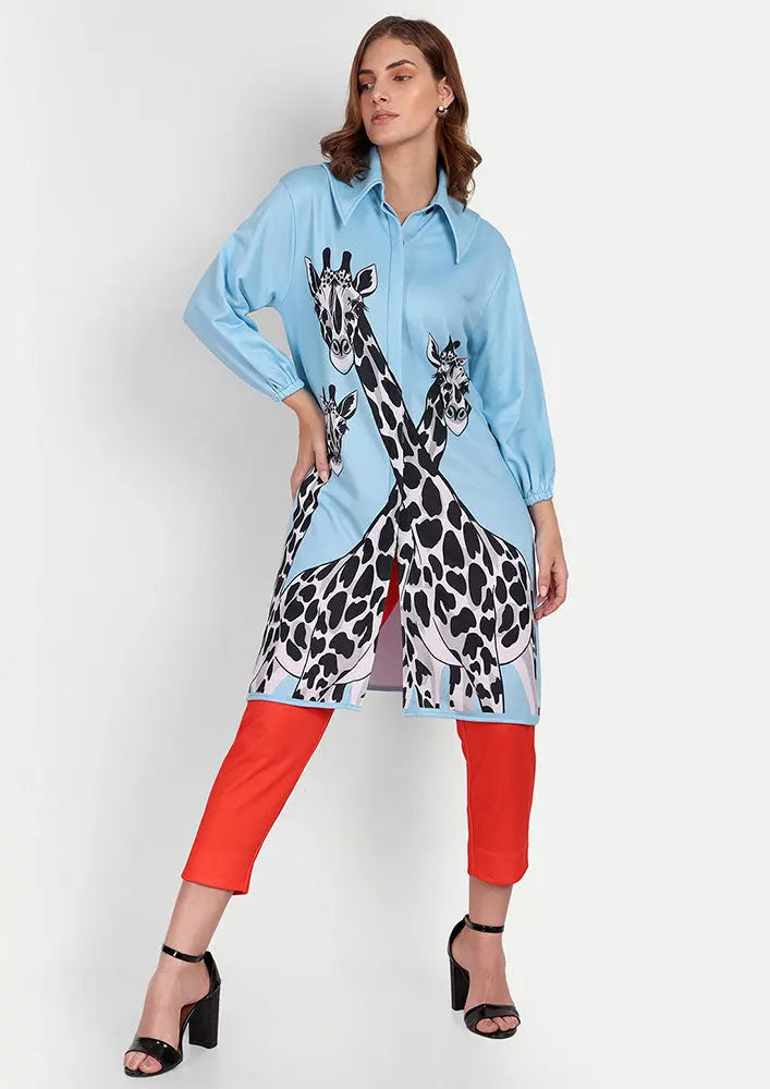 Giraffe Print Oversized Shirt With Orange Red Straight Pants Set IKI CHIC Private Ltd