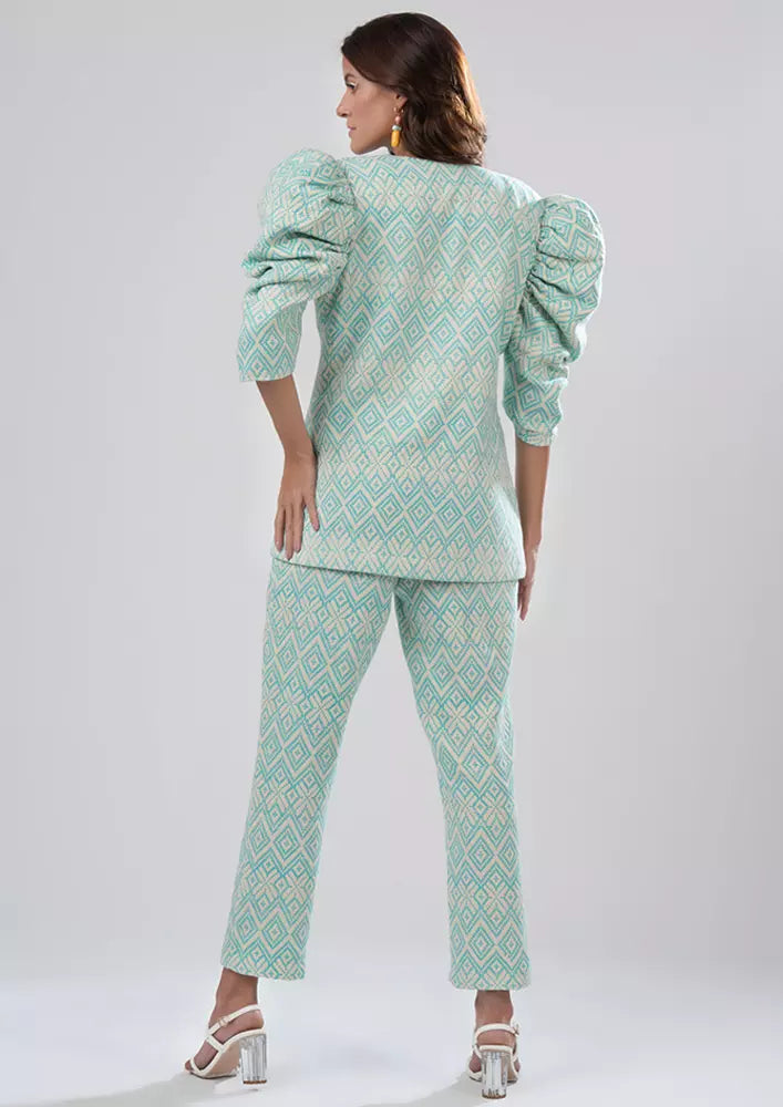 Blue Two Piece Aztec Gathered Puff Sleeve Jacket And Pants Set