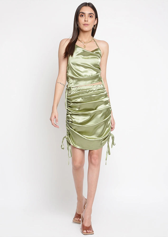 Green Satin Ruched Crop Top And Skirt Set