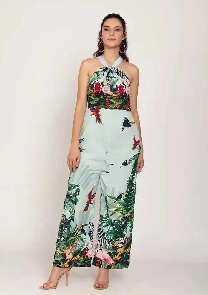 Jungle Print Crepe Halterneck Design Wide Leg Jumpsuit IKI CHIC Private Ltd