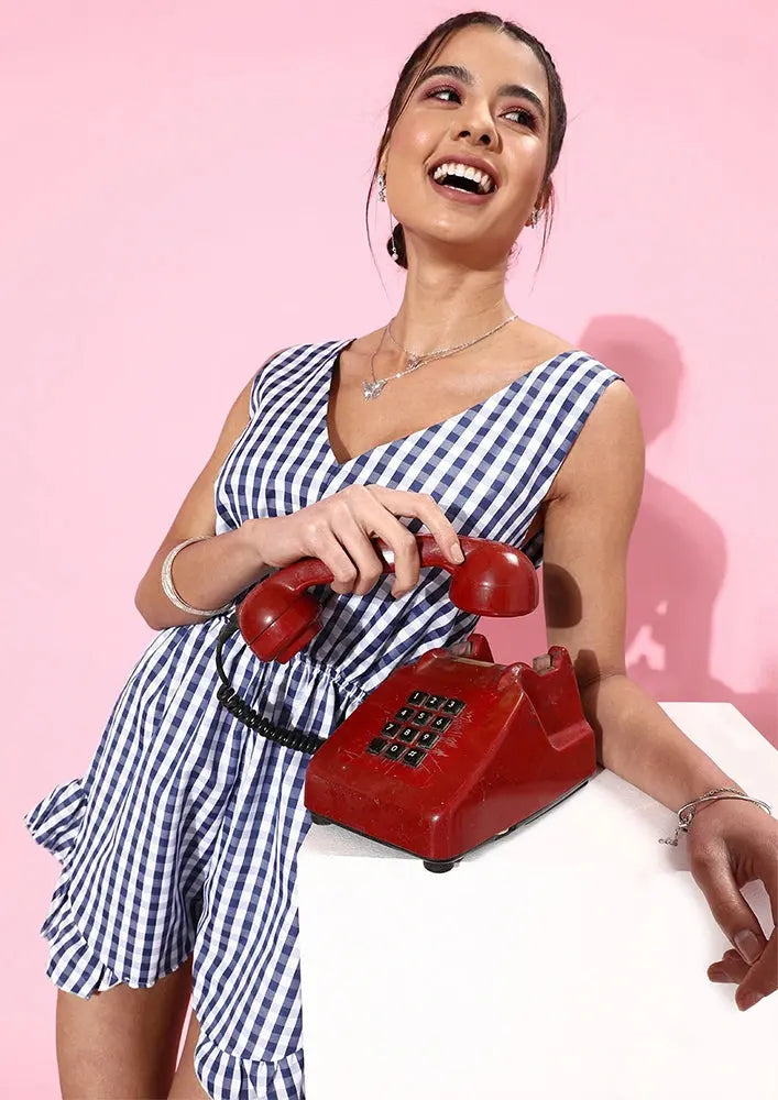 Blue Gingham Plunge Neck Playsuit IKI CHIC Private Ltd